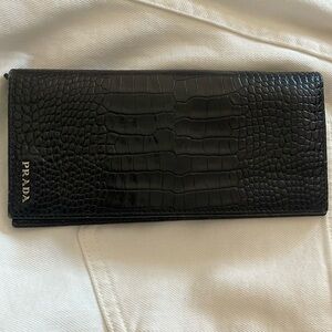 Prada black.crocodile embossed leather bi-fold wallet